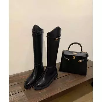 Cowhide Leather Slant Boots Buckle Thick Heel High Knight Boots Women s Boots 34