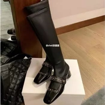 Cowhide Leather Square Head Rivet Fashion Boots Medium and High Elastic Boots Women s Skinny Boots Short Boots 34