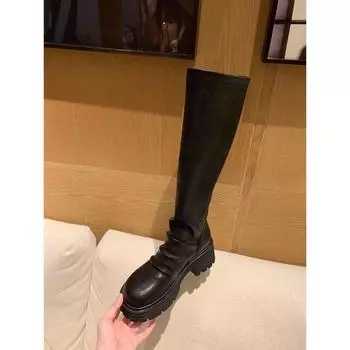 Cowhide Leather Thick-bottomed Pleated Pile Boots Women s Thick Heel Tall Boots Elastic Skinny Boots 35