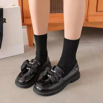 Лоферы из воловьей кожи, женские весенние новые туфли из лакированной кожи, маленькие кожаные туфли на плоской подошве с бантом, одинарные туфли 35 бежевый