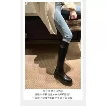 Cowhide Long Knight Boots Women s Round Head Thick Heel High Boots Thick Bottom Rhinestone Metal Buckle Boots 35