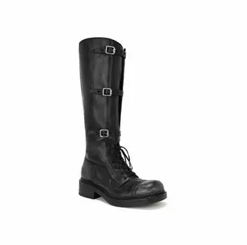 Cowhide~ Maillard strap tall knight boots women s autumn and winter new leather retro old belt buckle boots 35