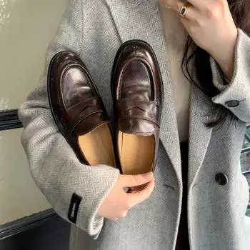 Cowhide~ Retro leather one-pedal lazy women s new handmade small leather shoes single shoes 34