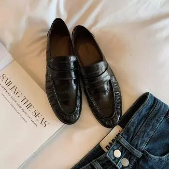 Cowhide retro niche crocodile pattern thick heel single shoes one pedal versatile leather British small leather shoes flat bottom 35