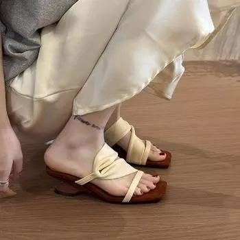 Cowhide~ Retro wedge heel open-toed sandals women s summer new niche design special-shaped high heels 35