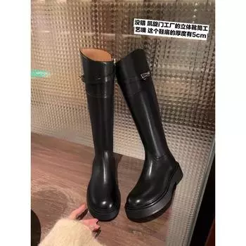 Cowhide Round Head Color Matching Lock Thick Heel High Boots Thick-soled Knight Boots Women s Leather Boots 35