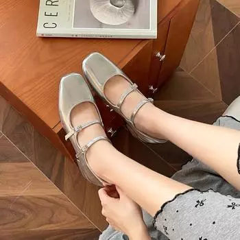 Cowhide silver thick-heeled single shoes women s commuter small leather shoes Mary Jane shoes double-breasted leather light-mouth high heels 35