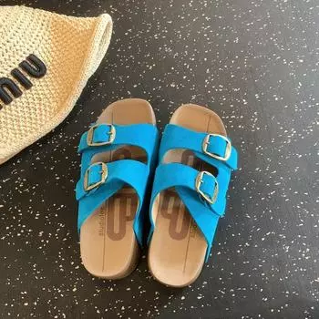 Cowhide slippers women s double buckle with retro thick-bottomed lazy person pedaling summer sandals 35