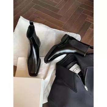 Cowhide Square Head Platform Sole Chelsea Boots Women s Leather Coarse Heel Martin Boots Short Boots Skinny Boots 35