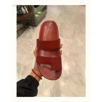 Cowhide~ Summer row style red one-word slippers women s summer wear leather cover toe second uncle cool slippers 35