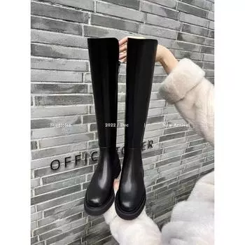 Cowhide thick-soled small medium-length boots elastic knight boots women s autumn and winter leather high boots 35
