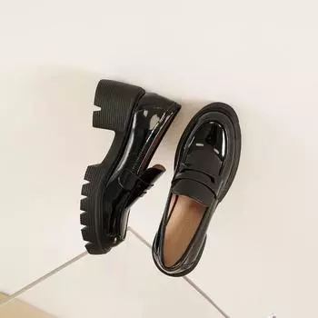 Cowhide thick-soled thick-heeled female British one-pedal retro lazy muffin small leather shoes with skirt high heels 35