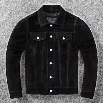 Двухслойная замшевая кожаная куртка из воловьей кожи, мужская джинсовая мотоциклетная кожаная куртка, облегающая куртка S