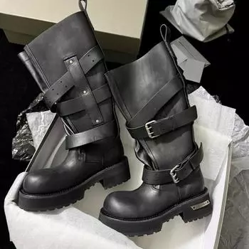 Cowhide~ Venom boots haute couture version knight boots women s thick-soled heightening boots Maillard black leather boots 35
