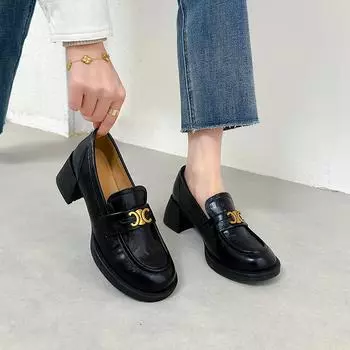 Cowhide version _ retro thick heel loafers women s square head versatile medium heel small leather shoes British style one pedal single shoes 34