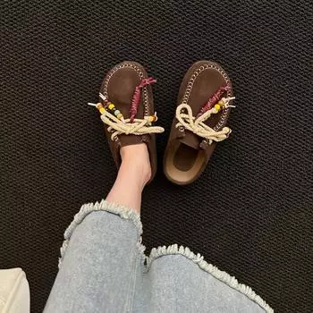 Cowhide version beaded bag head Boken half slippers women s new one-pedal platform literary shoes 35