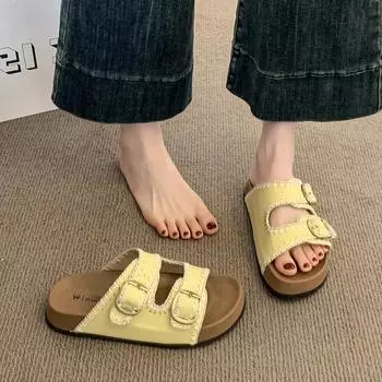 Cowhide version~ Boken cool slippers summer new double buckle thick sole heightened breathable outer wear casual soft sole women s shoes 35