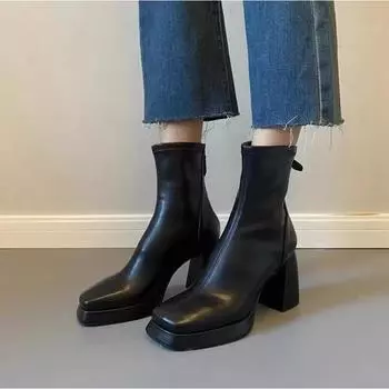 Cowhide version~ brown short boots for women s new waterproof platform rear zipper thick heel increased height and thin women s small thin boots 35