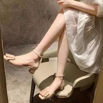 Cowhide version~ Celebrity temperament bag head with genuine leather sandals women s summer hollow square buckle high-heeled small sandals 35