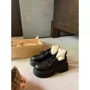 Cowhide version~ Classic leather British lace-up heightened thick-soled round head small leather shoes for women 35