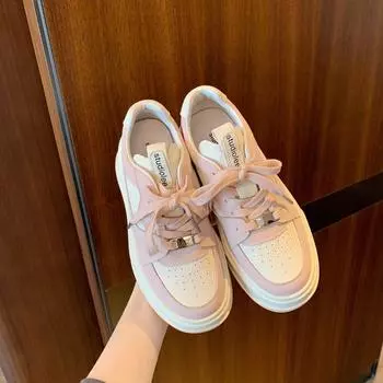 Cowhide version~ color matching round head casual sports shoes breathable dad shoes lace-up thick baseplate shoes women 35