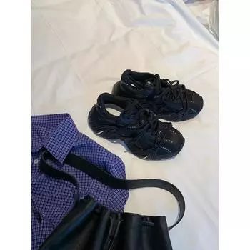 Cowhide version double shoelaces mesh splicing thick sole heightening dad shoes women s casual leather sneakers 35