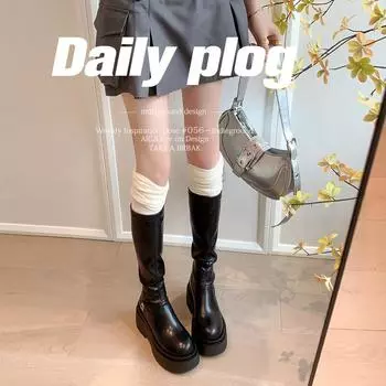 Cowhide version elastic thin boots women s thick-soled heightening small long boots ub boots but knee-high knight boots 34