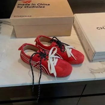 Cowhide version~ fashionable contrasting pair of shoelaces square round head casual women s casual sports shoes 35