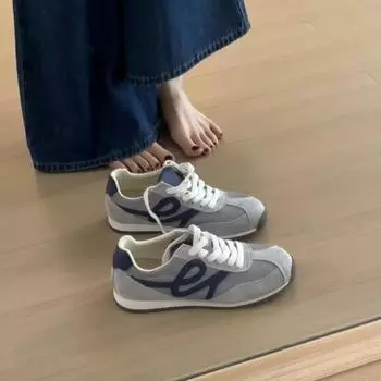 Cowhide version~ Flat bottom casual sports shoes versatile round head retro women s lace-up breathable board shoes 35