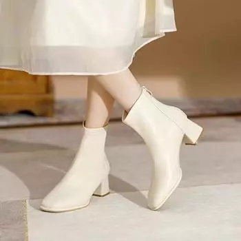 Cowhide version~ French high-heeled short boots women s new Korean small ankle boots rear zipper square heel elastic thin boots 34 абрикосовый