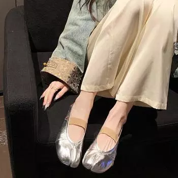Cowhide version~ French leather pleated silver split-toed shoes for women with soft soles Mary Jane single shoes flat-soled ladyshoes 35