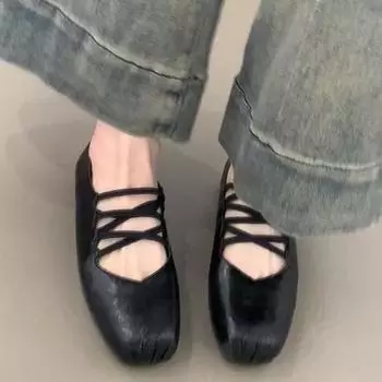 Cowhide version French square head cross with pig nose Mary Jane shoes children s flat-soled single shoes shallow mouth soft-soled ballet shoes 35 чёрный