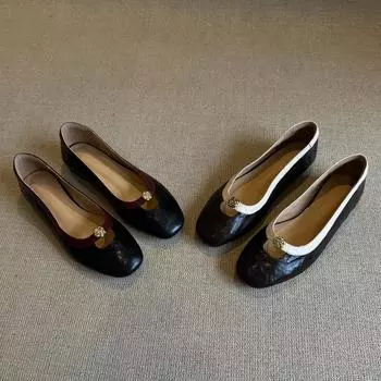 Cowhide version~ genuine leather French retro camellia shallow mouth one-pedal single shoes women s new flat shoes grandma shoes 35