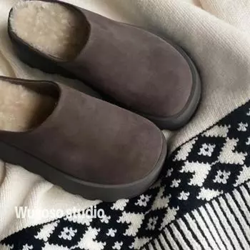 Cowhide version~ Genuine leather muffin thick-bottomed autumn and winter bag head half slippers women s outer wear plush fluff 35