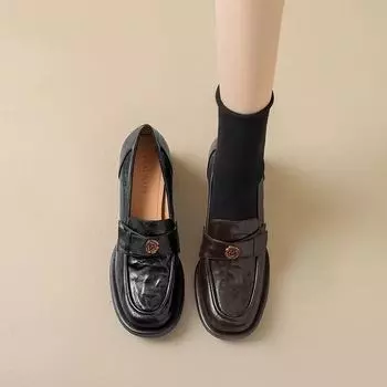 Cowhide version~ genuine leather one-pedal loafers women s camellia black small leather shoes thick heel retro style high heel single shoes 34