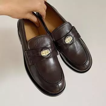 Cowhide version~ Genuine leather retro gold coins, women s one-pedal flat-bottomed lazy person with skirt and small leather shoes 35