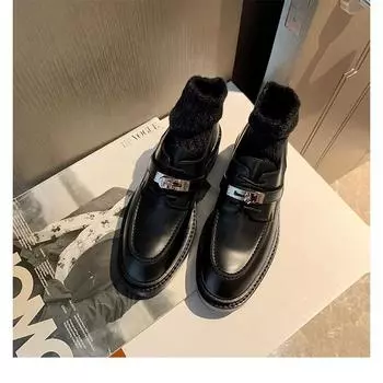 Cowhide version~ Genuine leather small gold buckle platform loafers women s thick heel high heel single shoes Oxford strap black small leather shoes 35