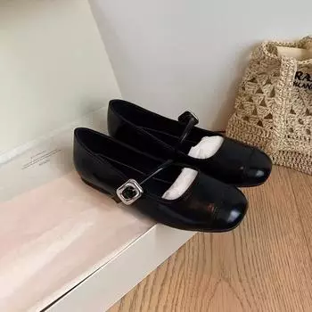 Cowhide version~ Genuine leather square head shallow mouth one word with flat bottom inner height increase Mary Jane shoes women s single shoes 35
