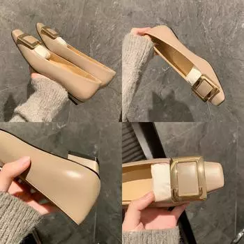 Cowhide version~ Grape mother same shoes French metal square buckle small thick heel shallow mouth square head flat sole single shoes women 34