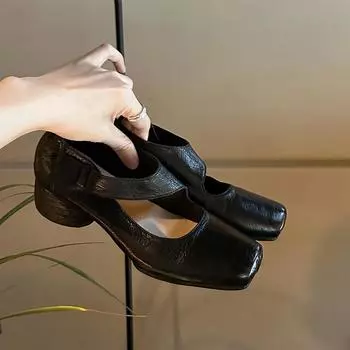 Версия из коровьей кожи винограда той же вымытой лошадиной кожи ретро старый квадратный каблук толстый маленький кожаный туфли женские Мэри Джейн одинарные туфли 37