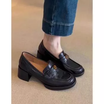 Cowhide version~ High-heeled loafers retro camellia round head thick sole one-pedal small leather shoes commuting thick heels single shoes 34
