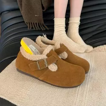 Cowhide version inner height increase women s thick-soled velvet warm winter cotton shoes genuine leather one pedal fluff 35