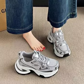 Cowhide version~ leather dad shoes children s thick-soled heightening women s shoes 2025 new mesh breathable casual sports shoes 35
