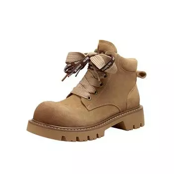 Cowhide version~ Leather lace-up thick-soled Martin boots women s desert boots versatile round head big yellow boots short boots 35