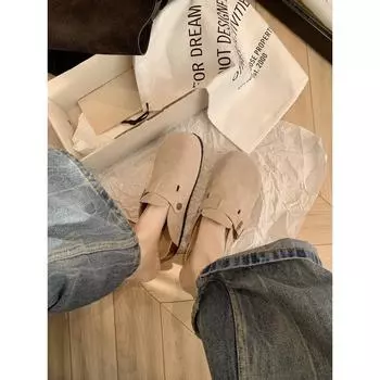 Cowhide version leather round head buckle with versatile lazy bag head half drag women s slippers 35