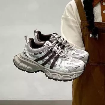 Cowhide version~ leather thick-soled heightening dad shoes women s autumn and winter new color matching lace-up versatile sports and leisure shoes 35