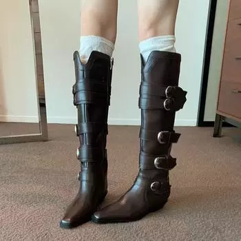 Cowhide version~ long boots femininity pointed V-mouth thin boots belt buckle but knee high thick heel knight boots 35