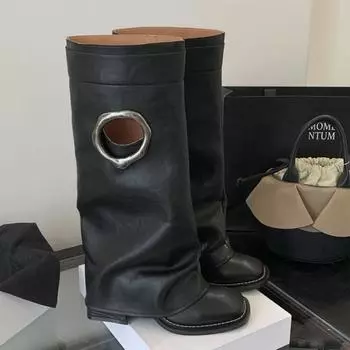 Cowhide version~ Mengziyi retro square head western cowboy boots thick heel trouser boots niche thin boots 35