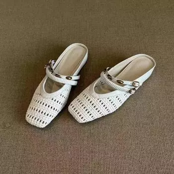 Cowhide version~ New retro French inner height increase woven hollow bag head half slippers Muller cool slippers women 40