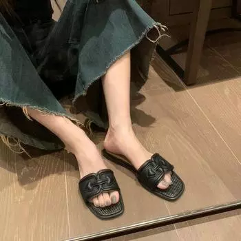 Cowhide version~ New thick-heeled woven slippers, summer women s fashion beach shoes, half-mop sandals 35